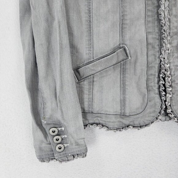 Chicos Jacket Women 2 Gray 12 Platinum Denim Jean Trucker Stretch Ruffle Casual - Picture 4 of 15